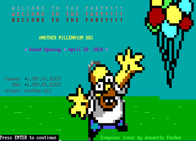 Another Millennium BBS "Welcome to the Party" Grand Opening April 20, 2024 welcome screen